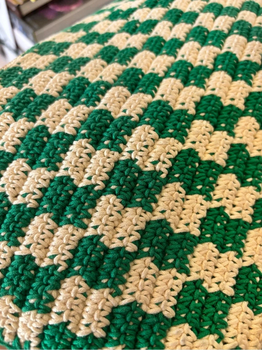 Clare V. Flat Clutch with Tabs in Sea Green & Cream Mini Crochet Checker - EUC